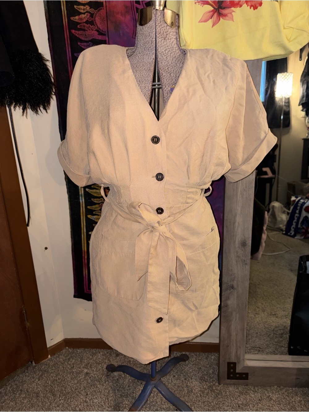 Zara Beige Button-Front Tie-Waist Shirt Dress